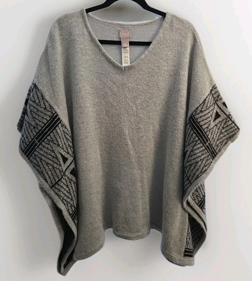 Chicos Gray Black Vneck Geometric Aztec Jacquard Poncho Women Sz L-XL Classy EC
Opens in a new windo