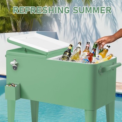 Outdoor 80QT Rolling Ice Cooler Cart Chest Patio Party Bar Drink w/ Wheel, Shelf