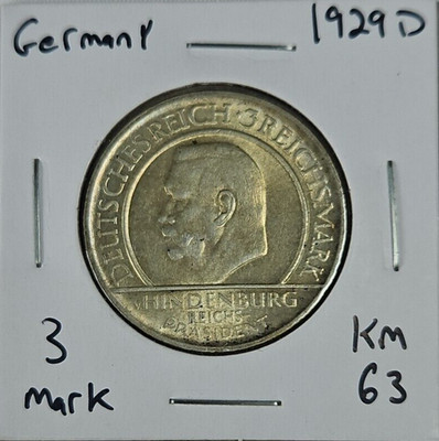 1929-D Germany 3 Mark Weimar Republic Hindenburg Silver Coin 0.500 Km# 63