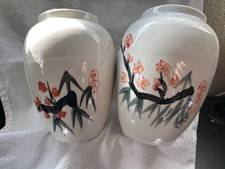 White Asian Oriental Pottery Vases HandPainted Signed bamboo cherry art Painting