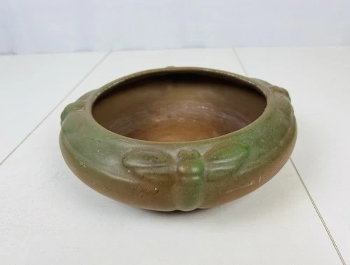 ANTIQUE VAN BRIGGLE Green Brown Dragonfly Art Pottery Planter Bowl 8"