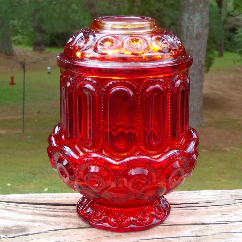 Vtg L.E. Smith Amberina Red Orange MOON & STARS Large Glass 2 Piece FAIRY LAMP