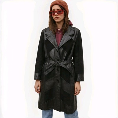Vintage Suburban Heritage Leather Trench Coat Black Suede Patchwork Women's Sz L