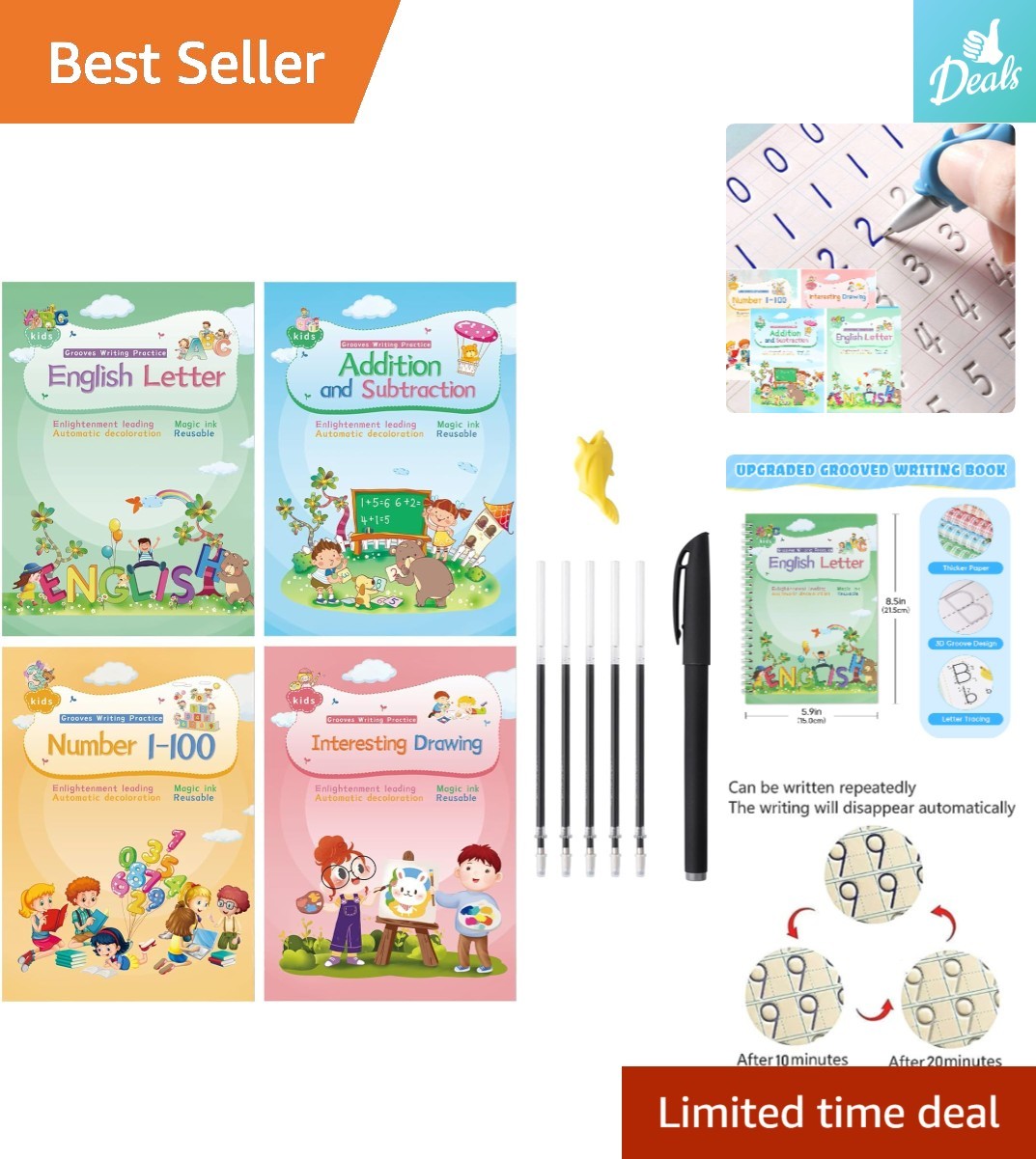 Magic Ink Handwriting Set for Children - Reusable Copybooks with Silicone Grip