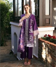 Purple Embroidered Cotton Blend Salwar Kameez with Dupatta, Size M for Women