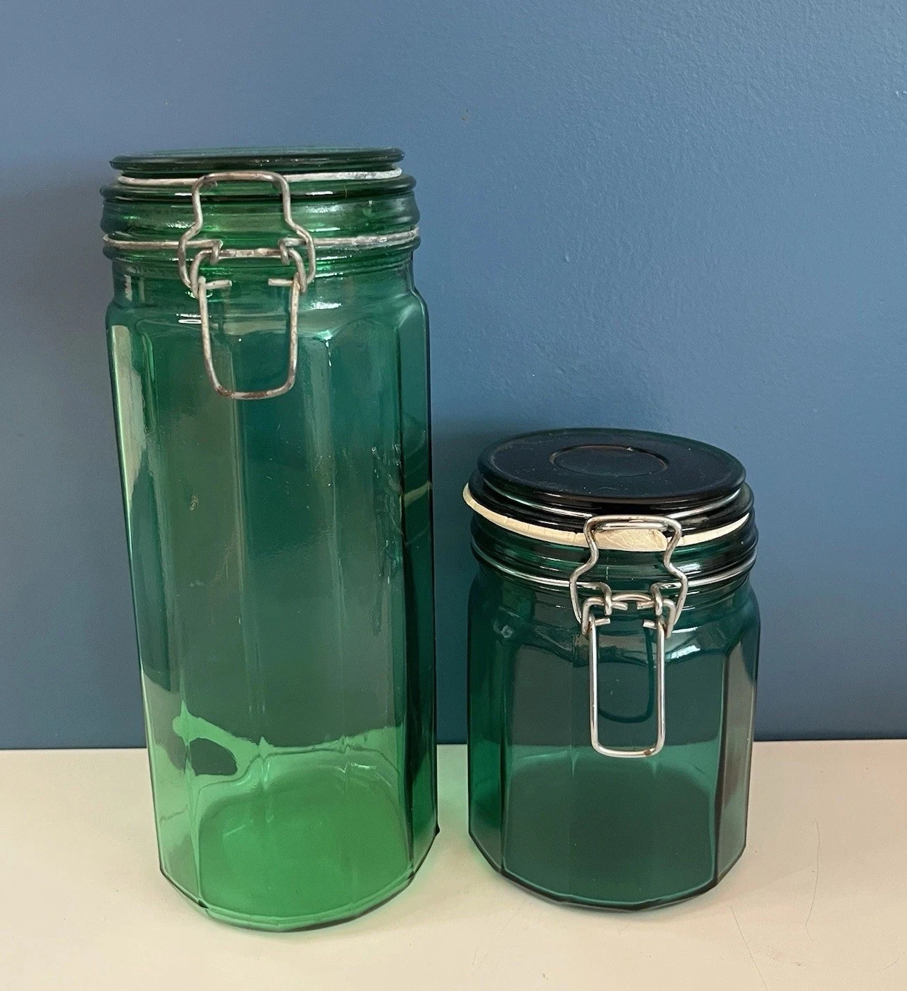 Canisters Jars Green Teal Glass 12-Panel Wire Bail Hinged Lid Set Of 2 *READ
