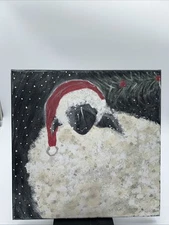 Primitive Country Hand Painted Sheep With Santa Hat Beard On Canvas