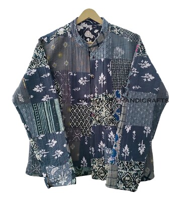 Cotton Patchwork vintage Reversible ethnic short Gray Quilted jacket Puffer Coat