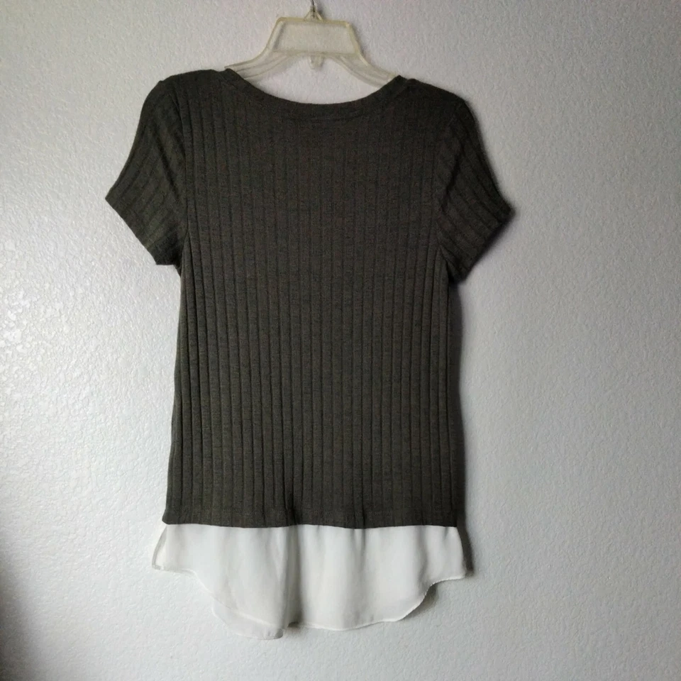 Ab Studio Womens Tunic Top S Olive green Ribbed Mixed media Short sleeve Knit - Image 2 of 4