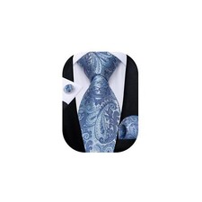 Light Blue Ties for Men Paisley Necktie Silk Jacquard Woven Pocket Square Cuf...