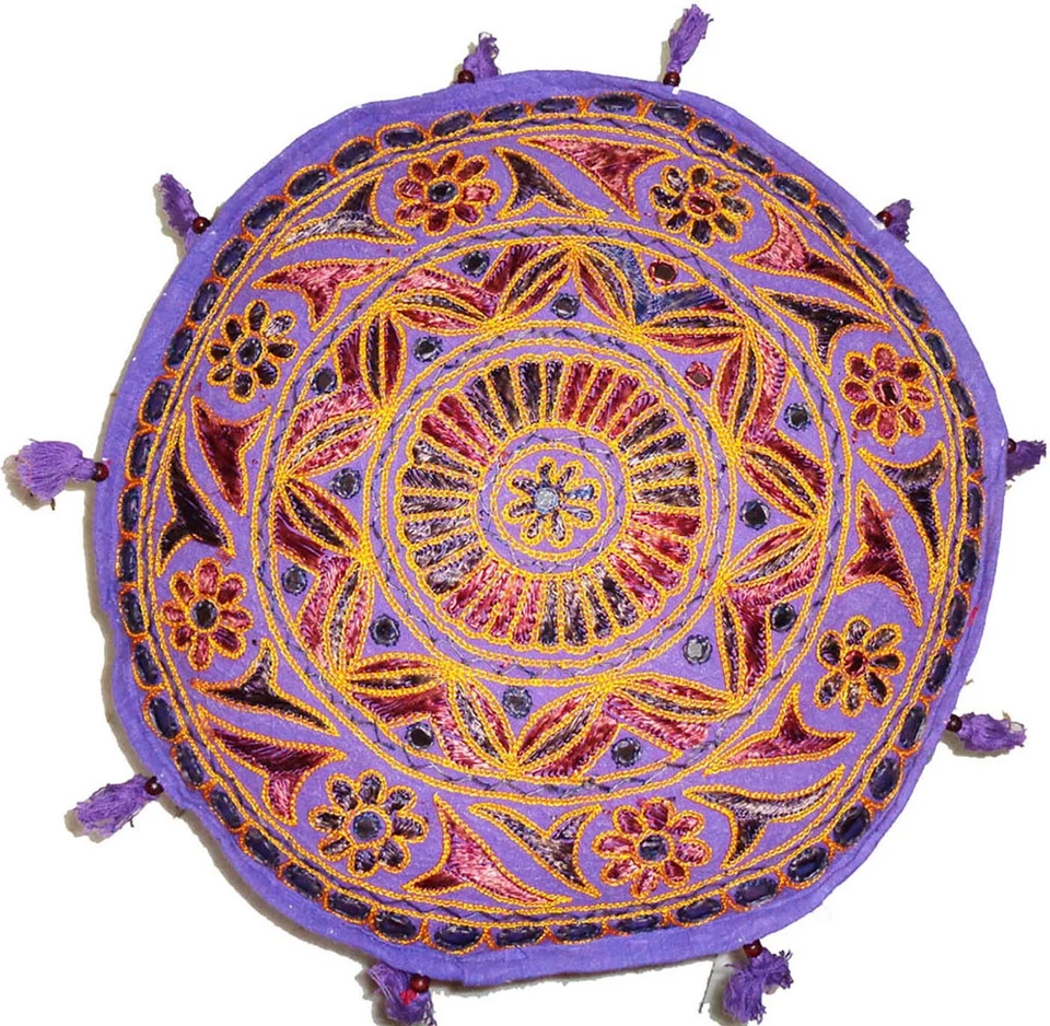 Bohemian Floor Round ottoman pillow seat cover mirror embroider multicolored 18" - Image 3 of 4