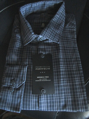 NWT PERRY ELLIS PORTFOLIO NO WRINKLE CLASSIC DRESS SHIRT BLACK PLAID 16.5 32/33