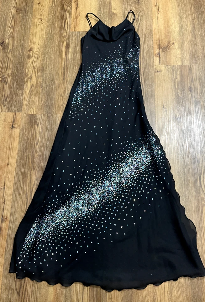 Vintage Y2K Slip Dress Drape Neck WhimsiGoth Fairy Black Sequins Maxi Small 3 - Image 4 of 4