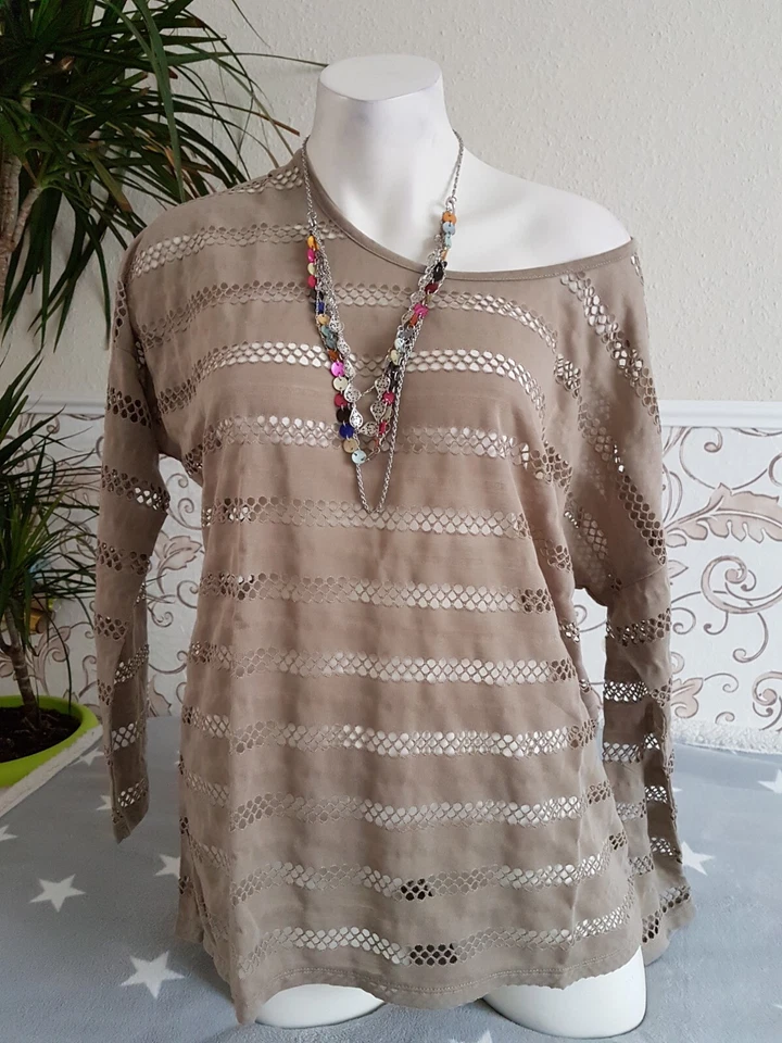 Best Connections Shirt Bluse Langarmshirt Top Oversized Loch Optik Taupe 40 42 M - Bild 3 von 4