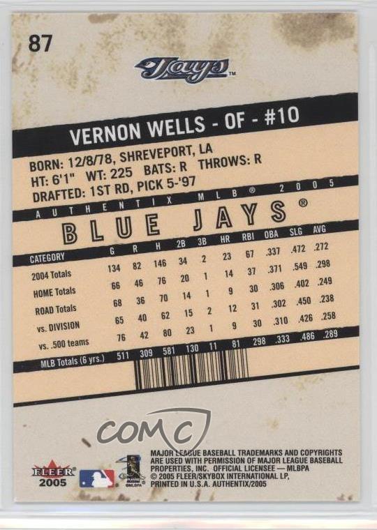 2005 Fleer Authentix Vernon Wells 87 eBay
