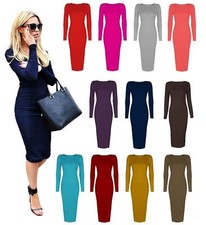 Ladies Long Sleeve Midi Dress Stretch Bodycon Plain Jersey Maxi Dress Plus Size