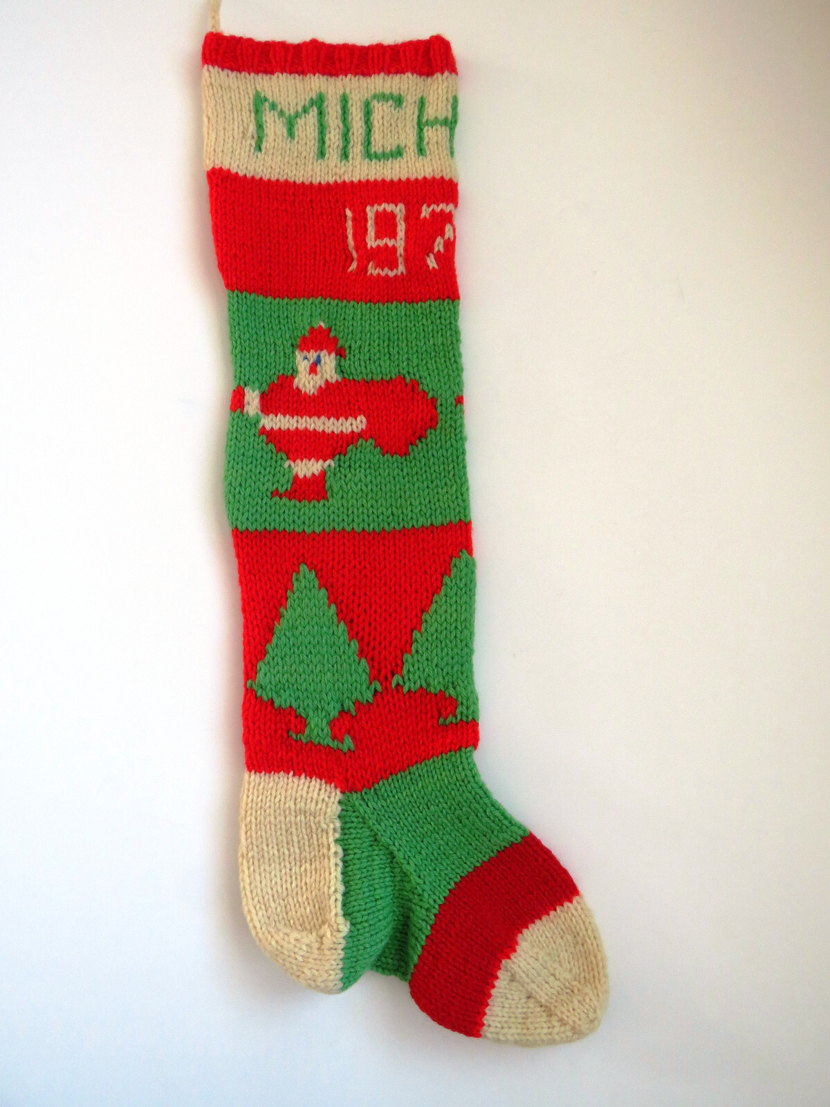 Vintage Personalized MICHAEL Hand Knit Santa Tree Toys Stocking 1974 | eBay