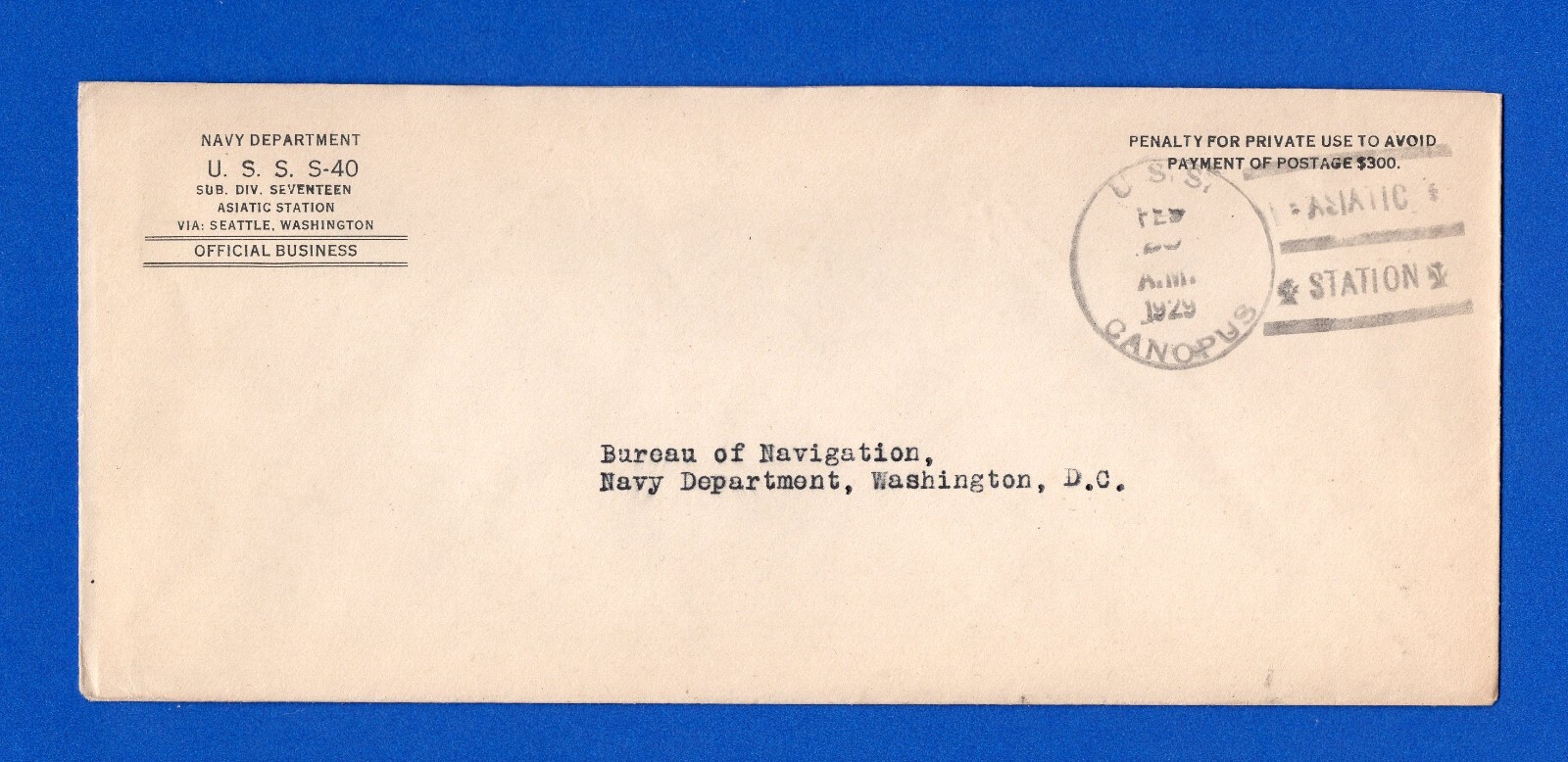 USS R-1 (SS-78) Sub Division 17 Official Business Asiatic Station ...