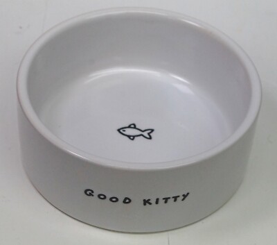 HARMONY ''GOOD KITTY'' STONEWARE 1 CUP CAT FOOD/WATER BOWL w/FISH DESIGN IN CENTER