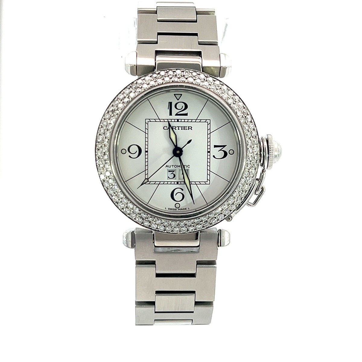 Cartier Pasha 2475 Stainless Steel 35MM Diamond Bezel BIG DATE