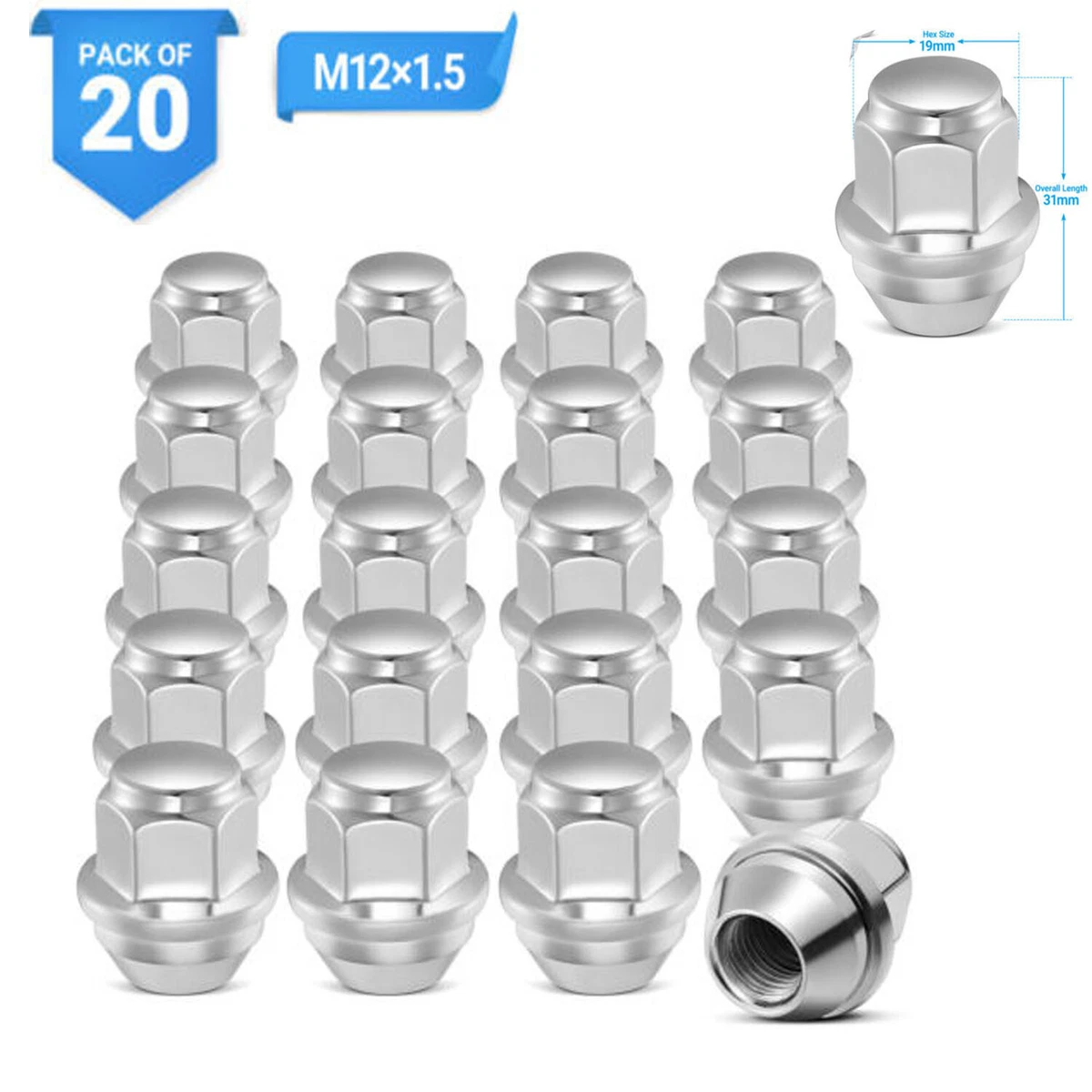 新品 24AW NICENESS D.FORD L タグ付 20x M12x1.5 Lug Nuts 19mm Hex Chrome Factory Style Acorn Ford