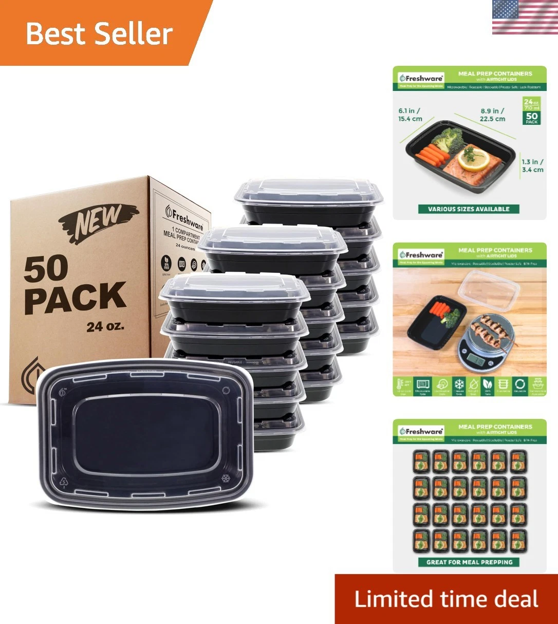 Meal Prep Containers 50 Pack Food Storage Bento Box Microwave Safe Leakproof