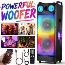 Dual 12" Bluetooth Wooden Party Speaker w/ Mic LED Lights Subwoofer Heavy Bass