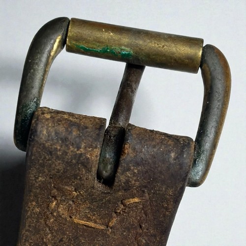 Antique Civil War Era Brass Roller Buckle Leather Belt Campaigner