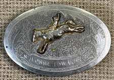 Vintage 1970s German Silver Western Rodeo Trophy Belt Buckle Saddle Bronc Rider.