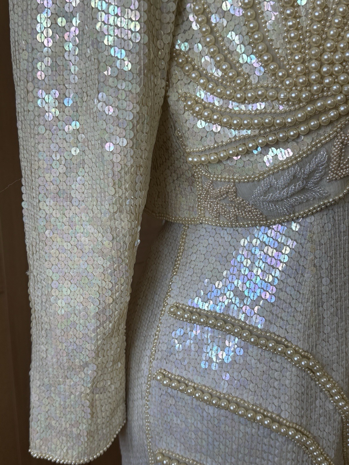 Vintage Ivory / Cream Silk Beaded Sequin Dress Bolero Set Art Deco Women UK10 image 7