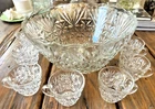 VTG Arlington Crystal Punch Bowl & 8 Cups Glass EUC! Diamond Pattern BEAUTIFUL!