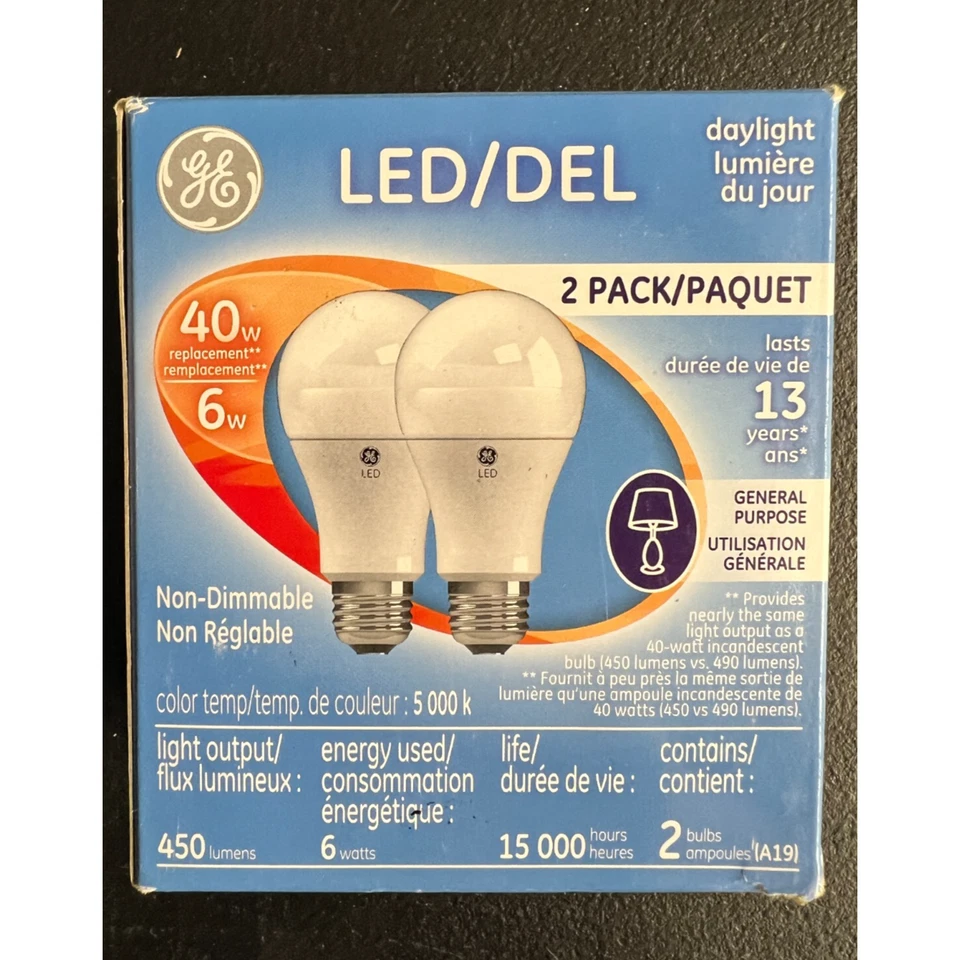 2pk GE LED Light Bulbs 6W A19 Daylight 480LM 40W Equivalent Energy Saver - Image 2 of 4