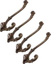 Vintage Cast Iron Wall Hooks Antique Brass Finish, Set of 4 - Rustic,