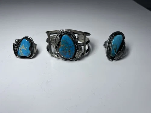 Vintage Signed Sterling Silver Turquoise Cuff Bracelet Ring Set