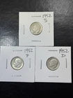 (3 Coins) 1952 D, P, S Silver Roosevelt Dimes