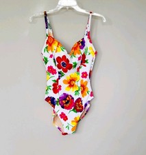 Vtg 90s ILLUSIONS White Colorful ONE-PIECE FLORAL SWIMSUIT Beach Pool Women 12