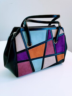 Mid Century Structured Top Handle Bag, Vintage Handbag in Geometric Block Colors