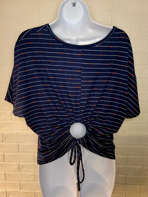 Navy/ Red Daisy May Stripe Crop Top With Rouched Circle Back Accent XL, Unique