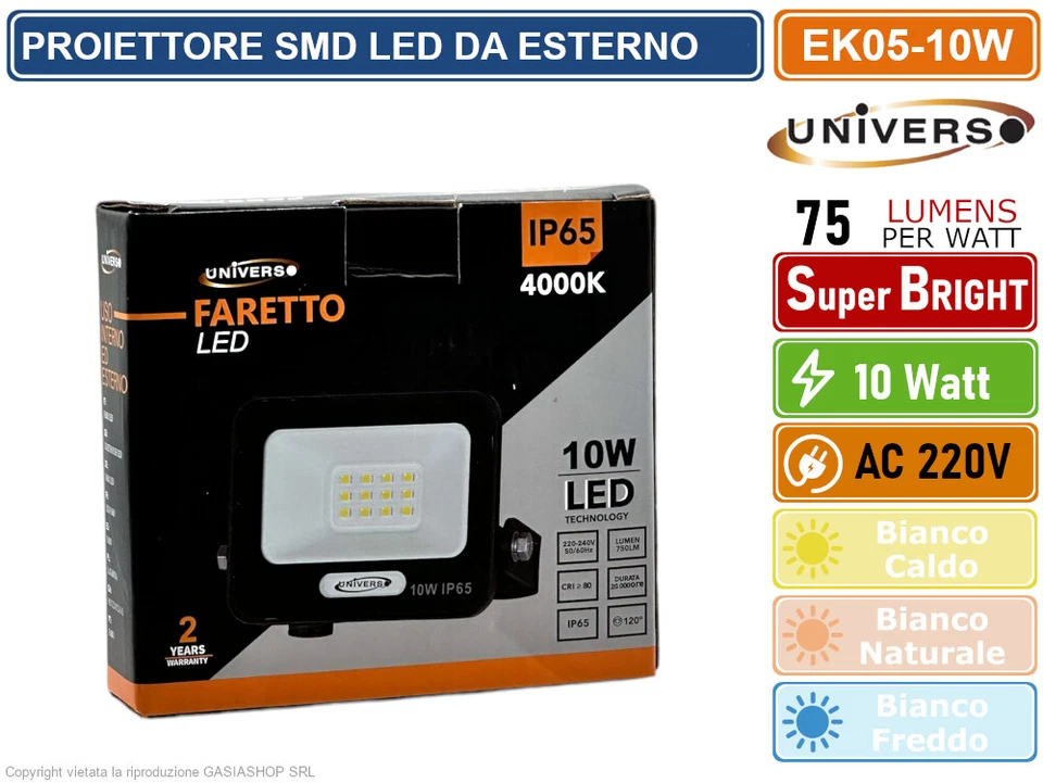 FARO PROIETTORE SMD LED FLOODLIGHT 10W SLIM IP65 COLORE NERO - 3000K 4000K 6500K - Immagine 3 di 3