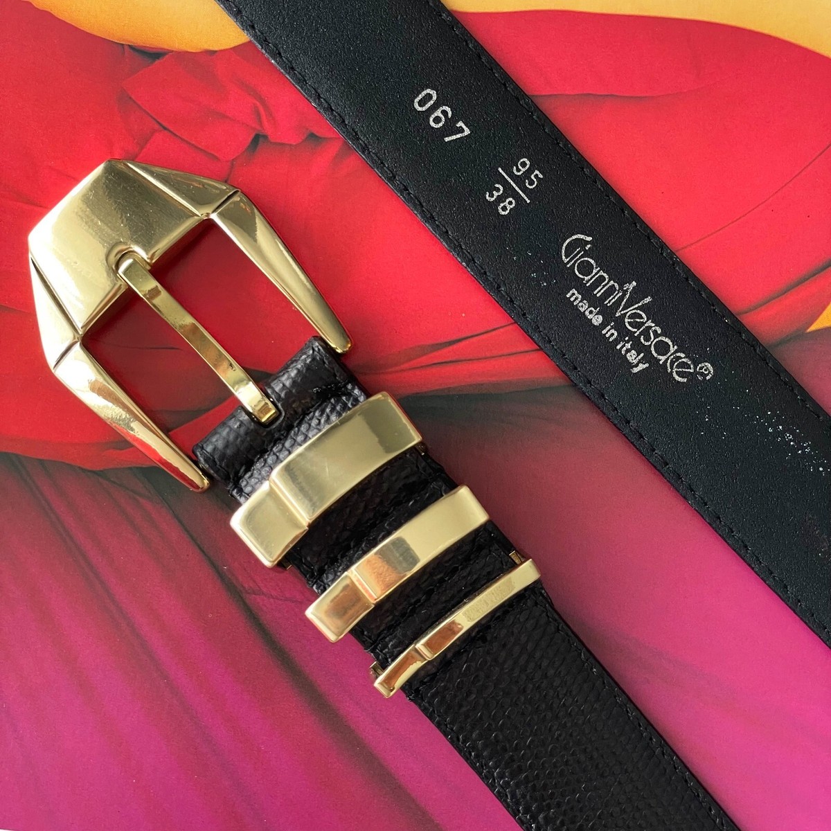 GIANNI VERSACE black leather belt w/ 3 gold tone loops size
