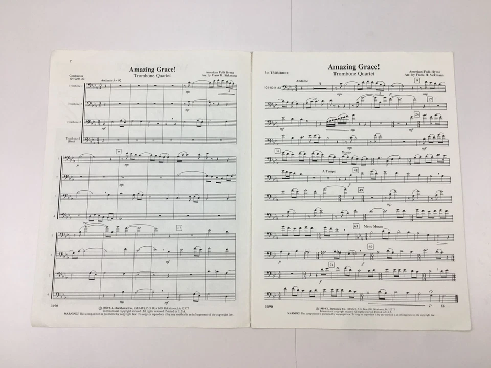 Amazing Grace Trombone Quartet Sheet Music Grade 3 Frank Siekmann CL Barnhouse - Image 2 of 4