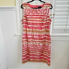 Tahari ASL Coral White & Beige Ikat Print Sleeveless Cutout Back Dress Size 14