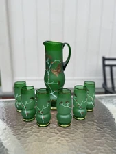 VINTAGE BOHEMIA CZECH REPUBLIC  24K GOLD GREEN CRYSTAL  GLASS PITCHER & CUPS SET