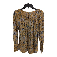 Lucky Brand Floral Boho Peasant Blouse Top Yellow Blue Long Sleeve Women’s L