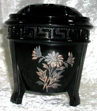 Vintage L.E. Smith Floral Black Amethyst Glass Greek Key Flower Frog Vase USA