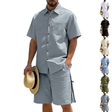 Mens 2 Piece Shorts Set Button Down Shirt Summer Outfit Casual