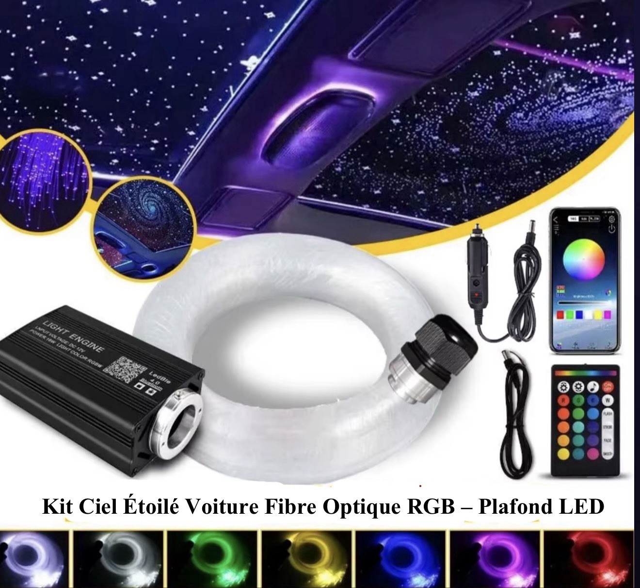 Kit ciel étoilé voiture fibre optique RGB LED pour pavillon automobile avec appli