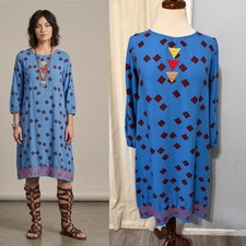 Bobo Choses Midi Dress Siz S Lagenlook Blue Geometric Embroidered Bohemian Shift