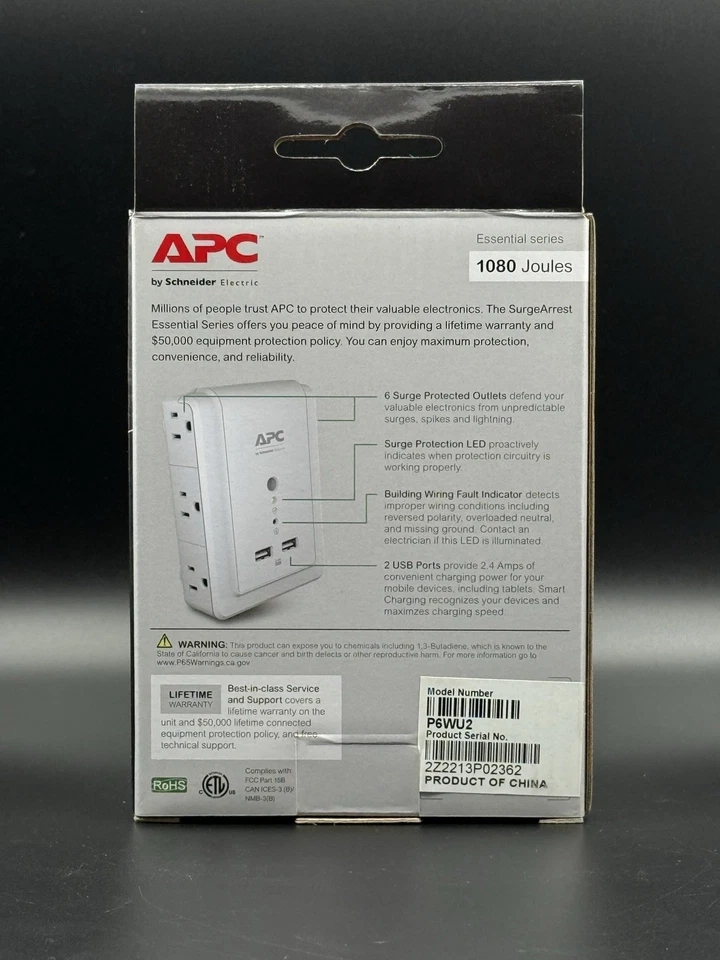 APC Surge Protector Wall Outlet Plug, With USB Ports, 6 Outlets - NEW SEALED - Image 2 of 4