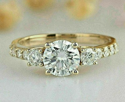 3 Lab Created Diamond Solitaire With Accent Engagement Ring 14K Yellow Gold Ove